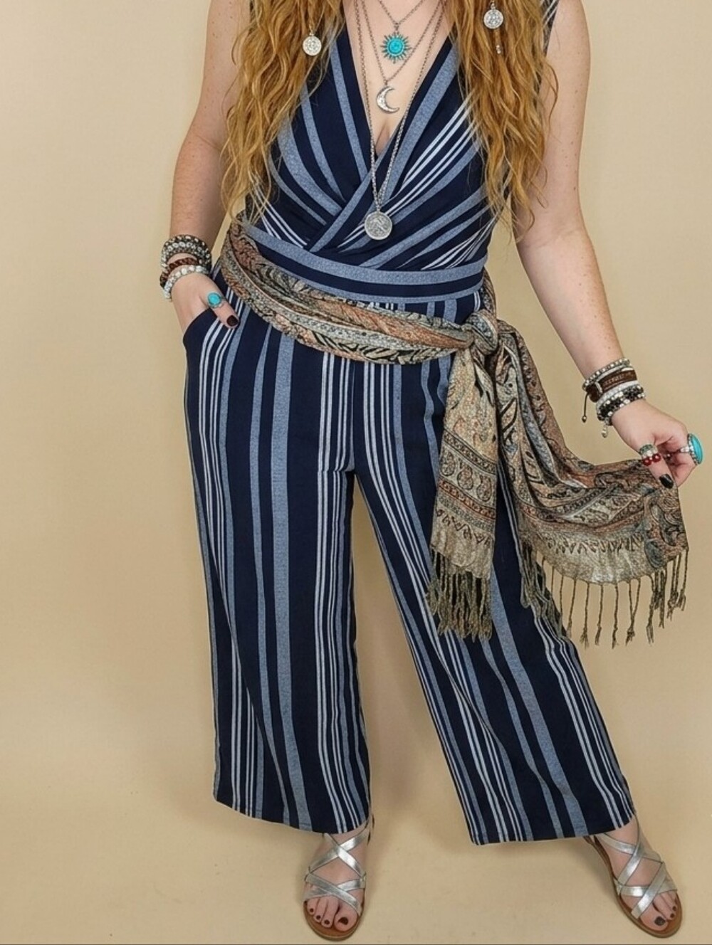 NWOT Size Small Elegant Navy & White Striped Romper Wide Leg Jumpsuit Nautical - Picture 14 of 16